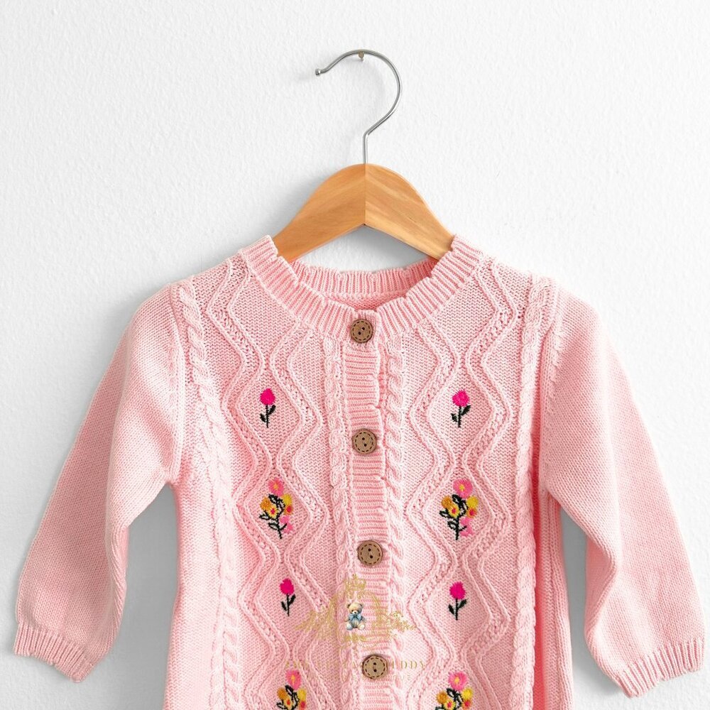NWT Pretty Girls Knit One-piece Bodysuit Sweater Floral Embroidered Blush 0-3M - Picture 4 of 5